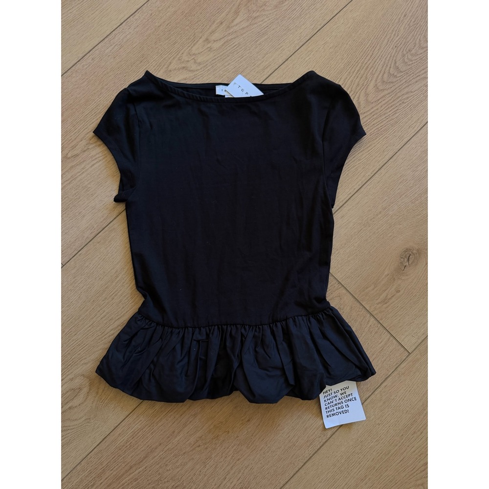 Topshop Black Peplum Top Boat Neck Short Sleeve Jersey Poplin Mix NWT US 0-2 XS - Picture 2 of 5